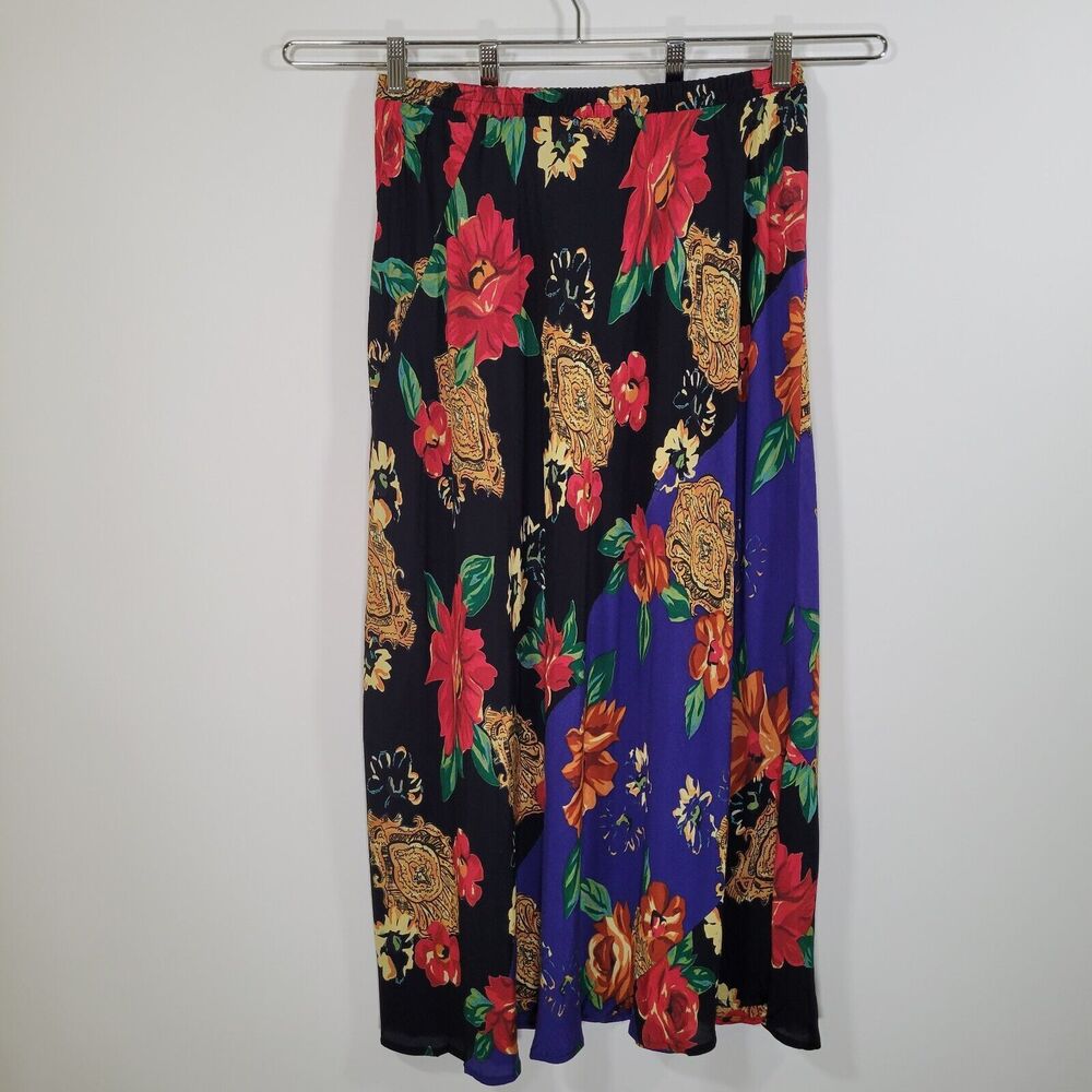 Vtg CAROLE LITTLE Floral Medallion Print Maxi Skirt Size 14 Crepe Pull On 90s XL - Picture 3 of 8